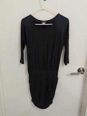 Black Blouson Dress With Ruched Skirt 3/4 Sleeves Venus XS